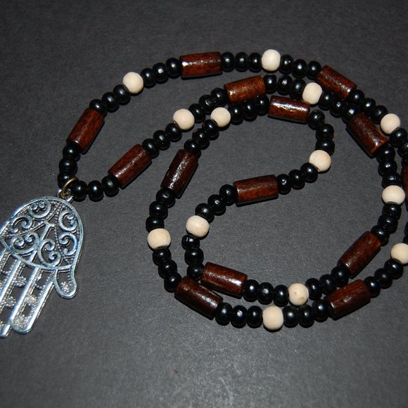 Hamsa Hand Necklace,Wood Necklace,Judaica Symbols,Kabbalah Necklace,Men Necklace - Picture 2 of 5